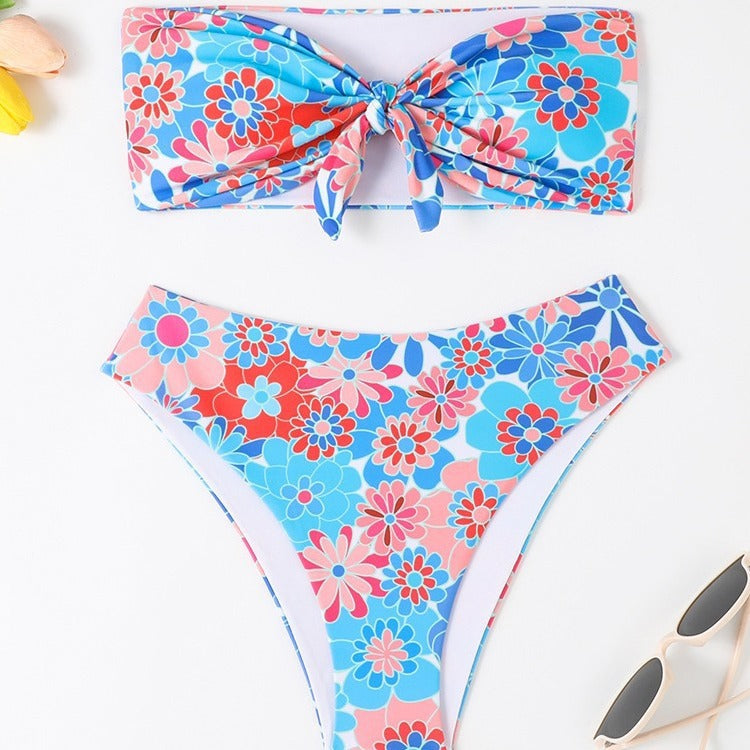 Damen Bandeau Bikini mit modischem Blumenmuster und verspieltem Knotendetail Drune
