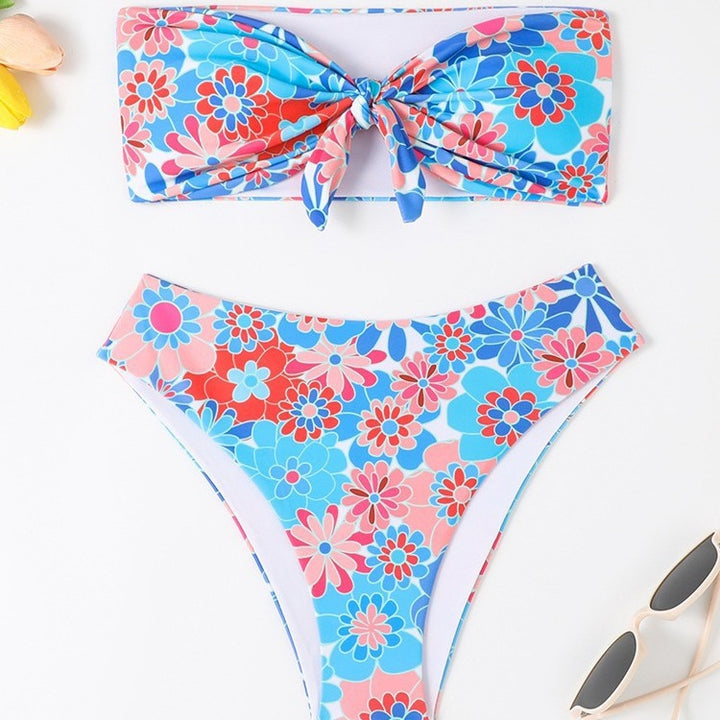Damen Bandeau Bikini mit modischem Blumenmuster und verspieltem Knotendetail Drune