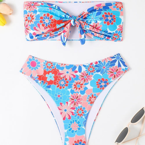 Damen Bandeau Bikini mit modischem Blumenmuster und verspieltem Knotendetail Drune