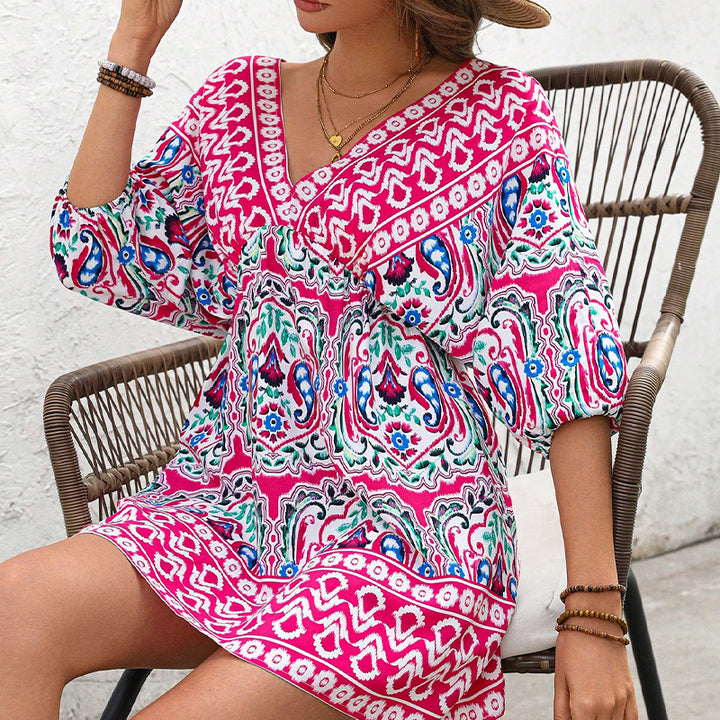 Damen Boho-Kleid mit weiten Ärmeln und detailverliebt floralen Mustern Drune