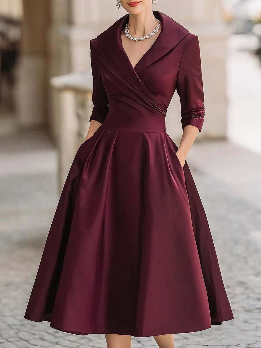 Damen nan elegantes Midikleid mit Wickeloberteil, Dreiviertelärmeln und Eingrifftaschen Drune