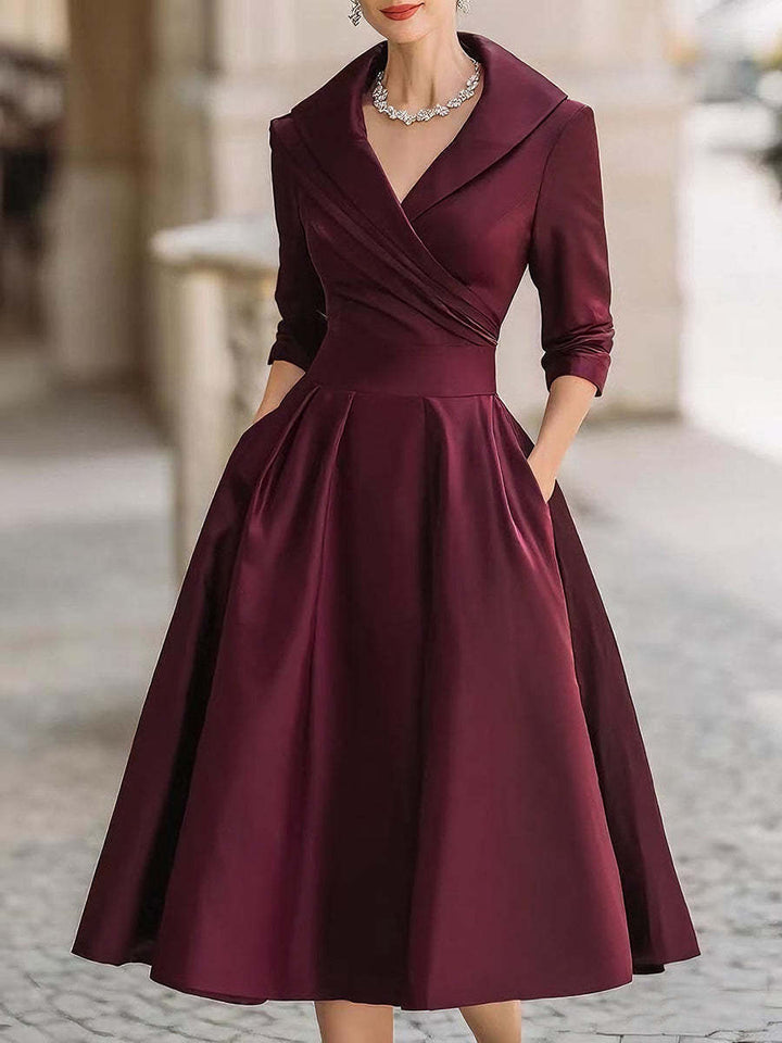 Damen nan elegantes Midikleid mit Wickeloberteil, Dreiviertelärmeln und Eingrifftaschen Drune