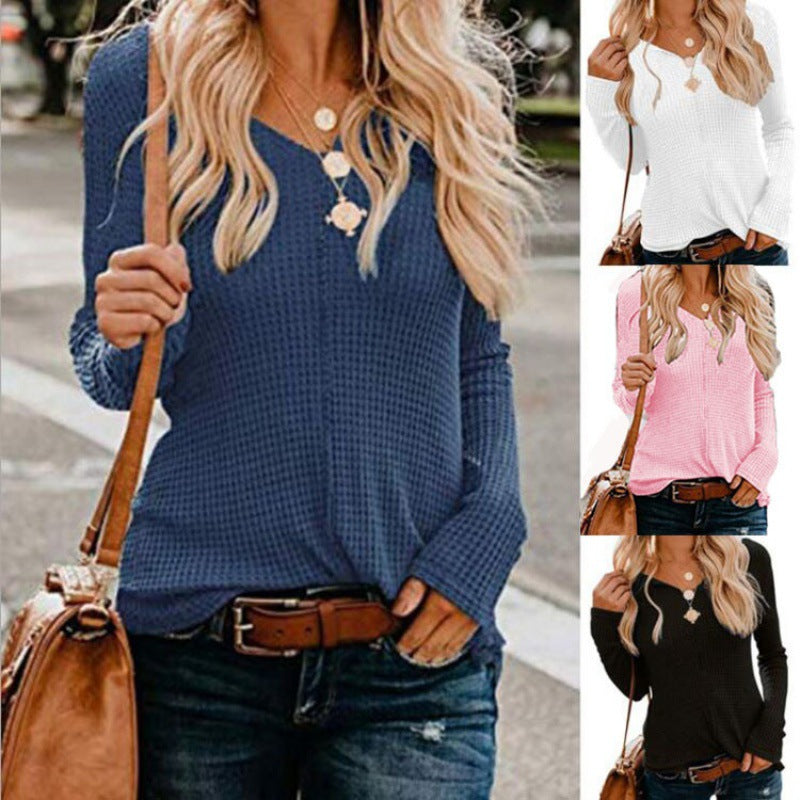 Damen Waffelpullover mit V-Ausschnitt und lässigem Schnitt Drune