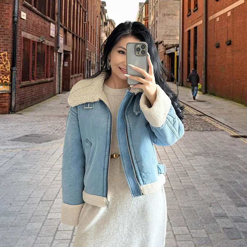 Damen modische Denimjacke mit Fellkragen und oversized Schnitt Drune