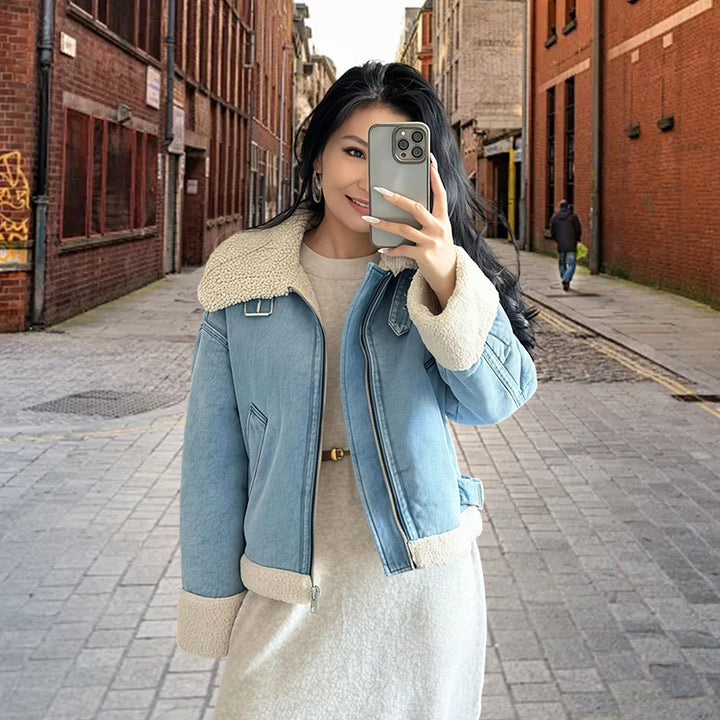 Damen modische Denimjacke mit Fellkragen und oversized Schnitt Drune