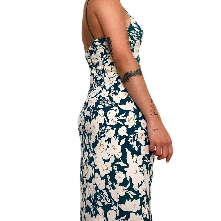 Damen Spaghettiträger Maxikleid mit floralem Design und hohem Schlitz Drune