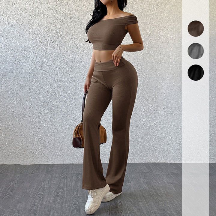Damen sportliches Zweiteiler-Set mit Off-Shoulder-Oberteil und lässigen Schlaghosen Drune