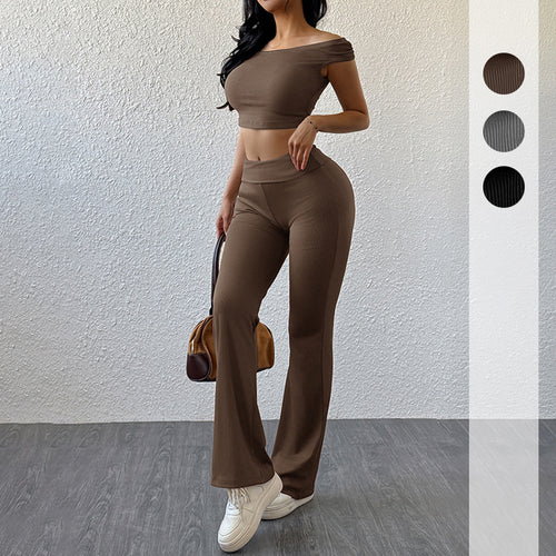 Damen sportliches Zweiteiler-Set mit Off-Shoulder-Oberteil und lässigen Schlaghosen Drune