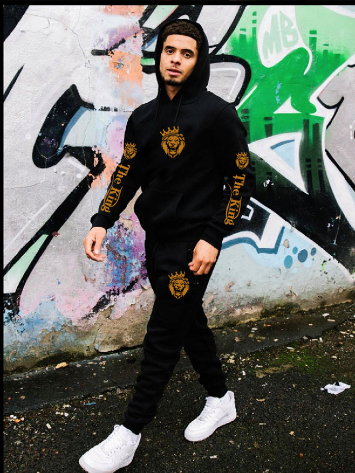 Herren Sportliches Kapuzenpulli und Jogginghose Set mit Königsmotiv Drune
