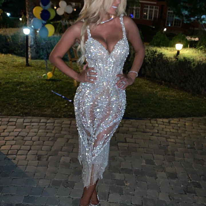 Damen Glamouröses Pailletten-Kleid mit schimmerndem Fransenbesatz und verführerischem Design Drune