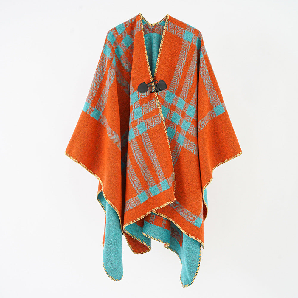Damen Luxuriöser Geometrischer Poncho aus weichem Material mit dezenter Knopfverzierung Drune
