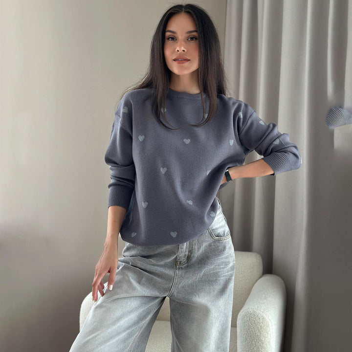 Damen herbstlicher Strickpullover mit Herzenmuster und komfortablem Schnitt Drune