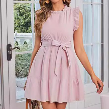 Damen Halbarmkleid mit Rüschendetails und Taillenknoten Drune