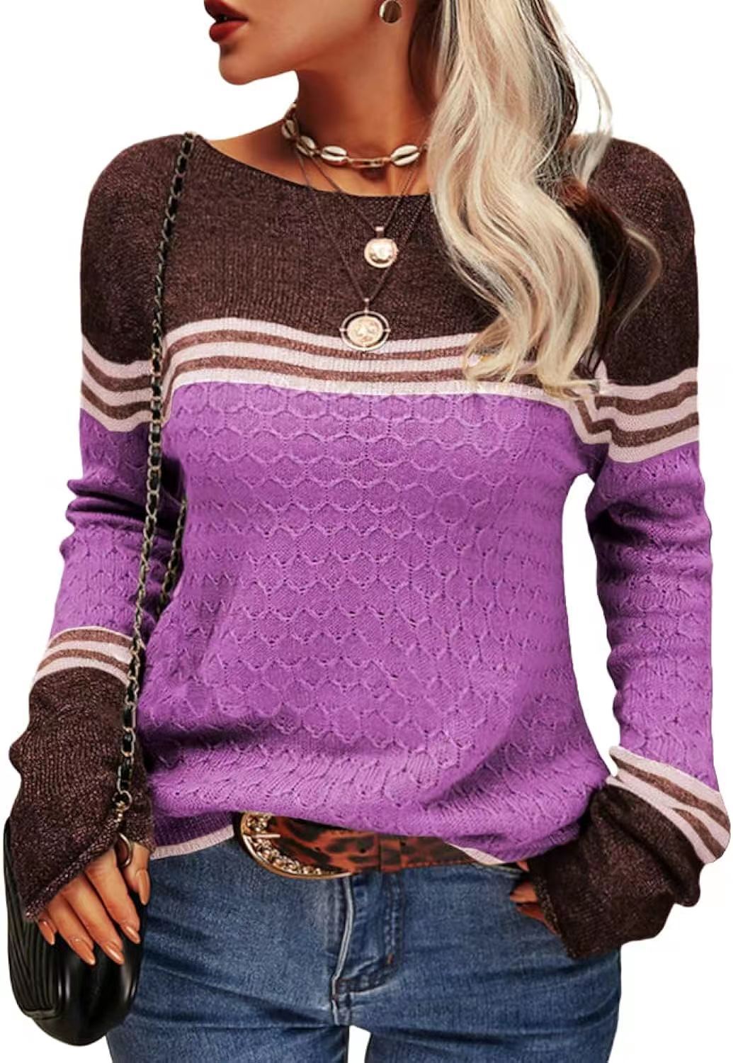 Damen lässiger Strickpullover mit kontrastierenden Farbblöcken und einzigartiger Textur Drune