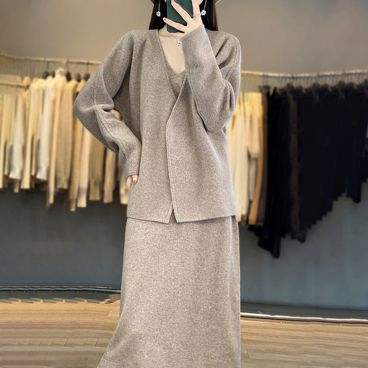 Damen lässiges Strickensemble mit V-Ausschnitt und asymmetrischer Schnittführung Drune