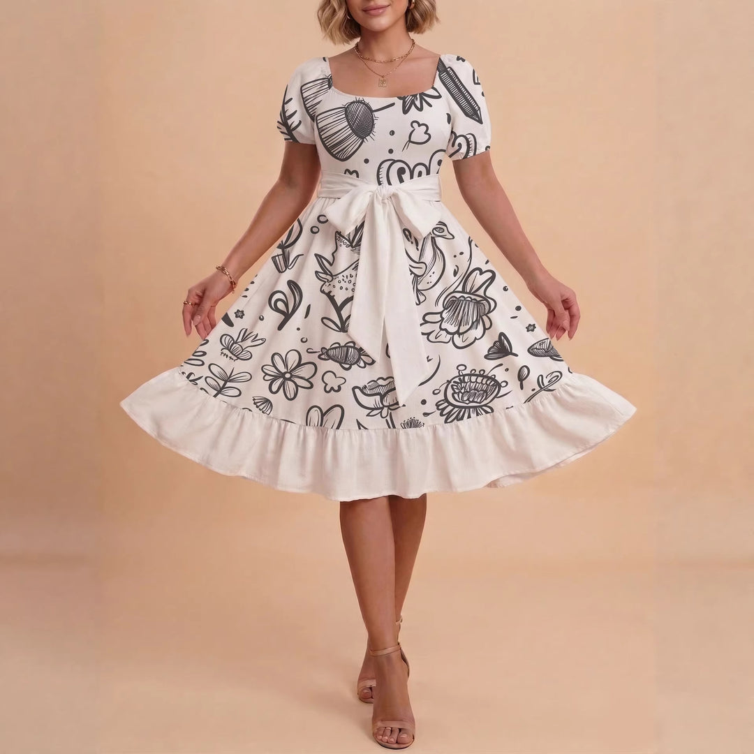 Damen Midi Kleid mit elegantem Blumendruck und tailliertem Gürtel Drune