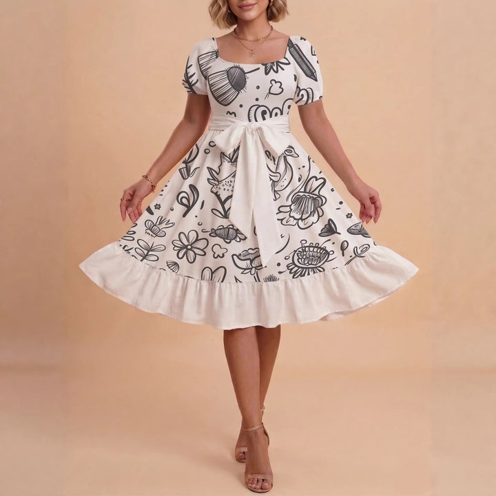 Damen Midi Kleid mit elegantem Blumendruck und tailliertem Gürtel Drune