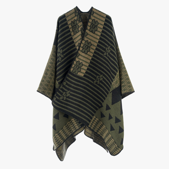 Damen Eleganter Poncho mit grafischem Muster und weichen Fransen Drune