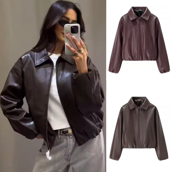Damen nan kurze Glanz-Kunstlederjacke mit Hemdkragen, verdecktem Reißverschluss und elastischem Bund Drune
