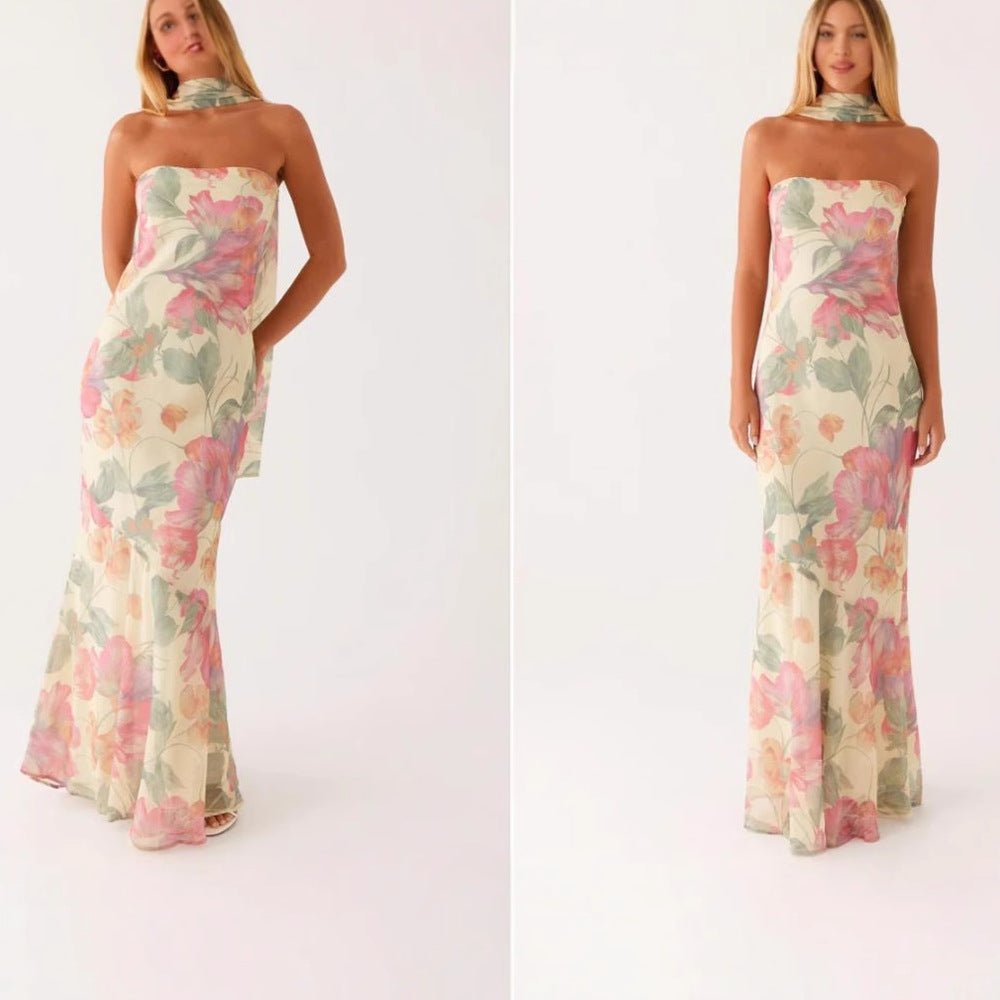 Damen Elegantes Langarm Abendkleid im Blumendesign Drune