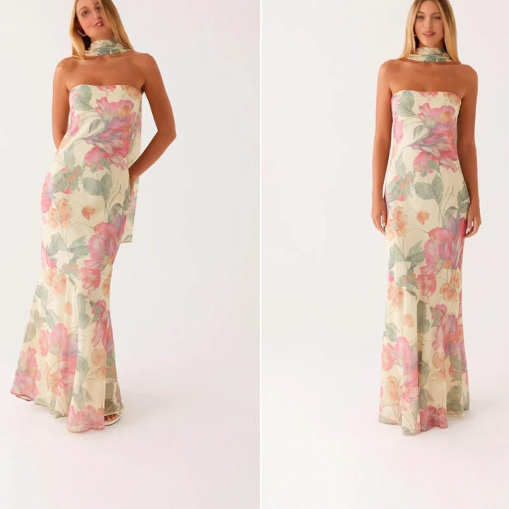 Damen Elegantes Langarm Abendkleid im Blumendesign Drune