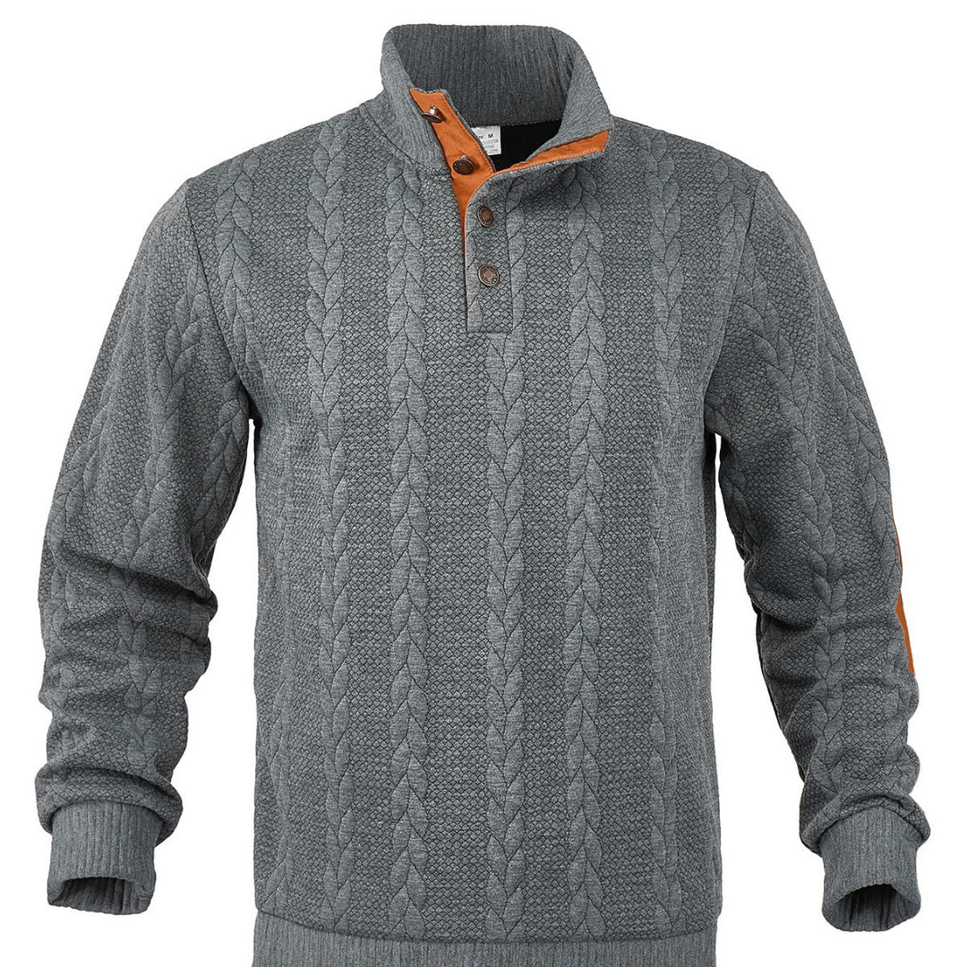 Herren nan Zopfmuster-Pullover mit Stehkragen, halber Knopfleiste und Ellbogenpatches Drune