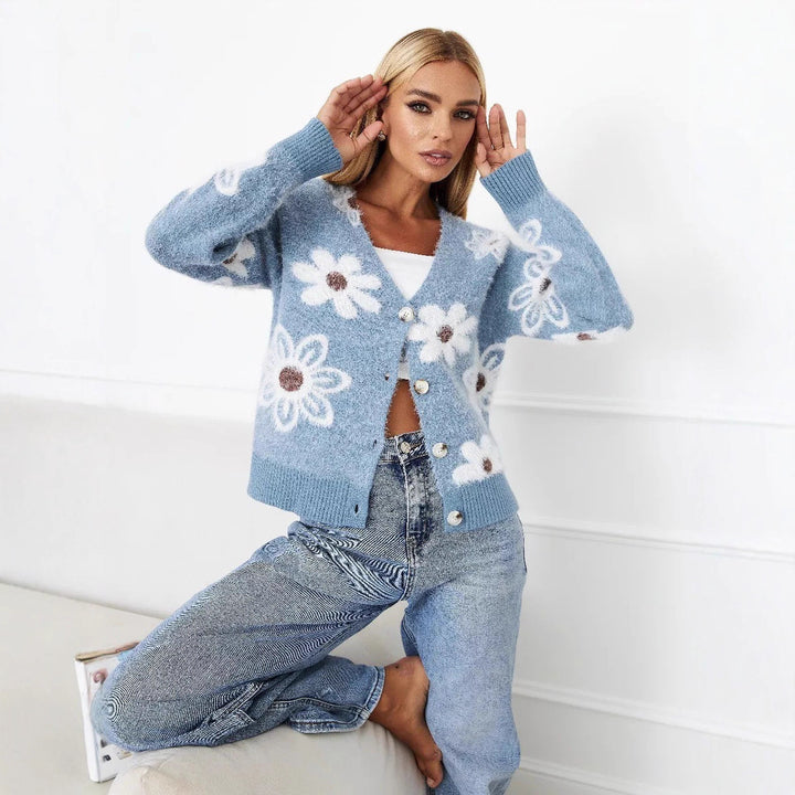 Damen Strickjacke mit floralem Design und Knopfdetails Drune