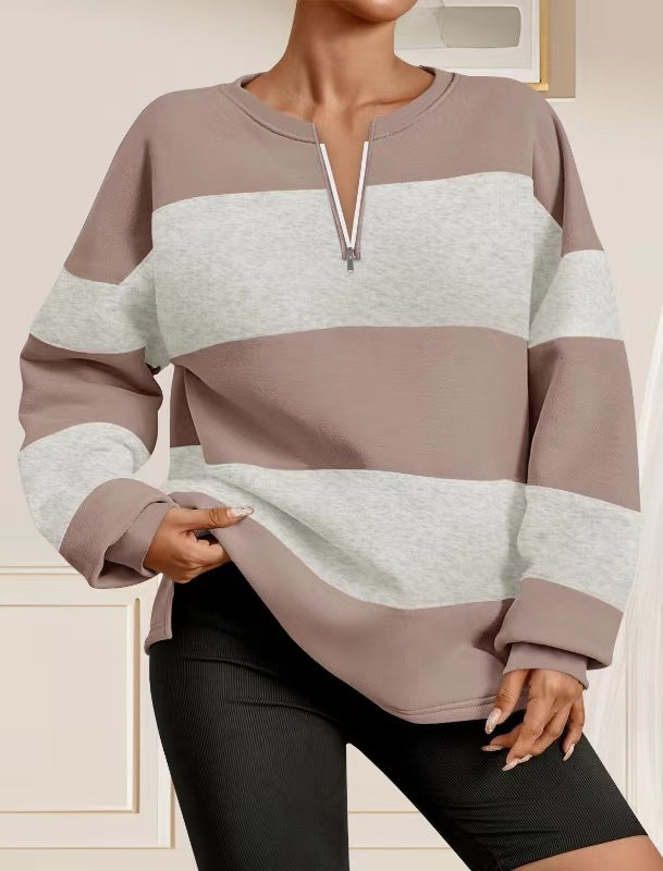 Damen modischer Sweatpullover mit Reißverschluss und gestreiftem Design Drune