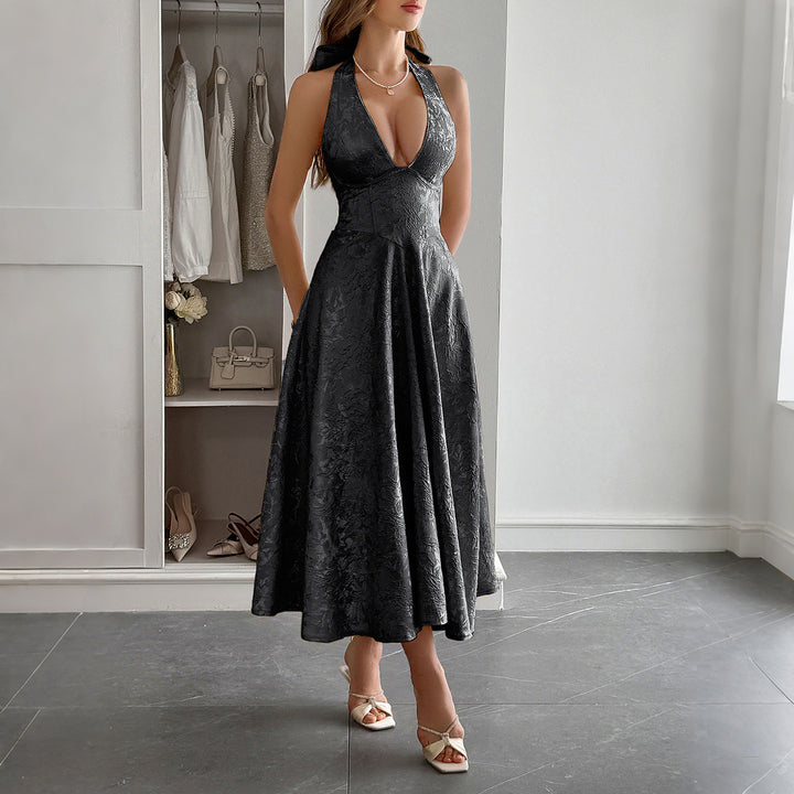Damen Elegantes Midikleid mit tiefem V-Ausschnitt und fließendem Rock Drune