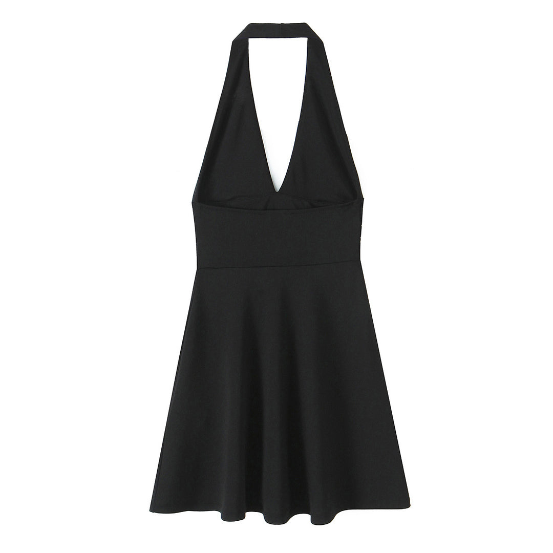 Damen Halterkleid mit tiefem V-Ausschnitt und fließendem Rock Drune
