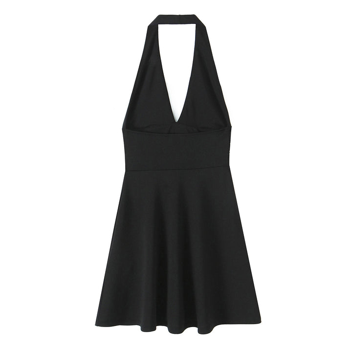 Damen Halterkleid mit tiefem V-Ausschnitt und fließendem Rock Drune