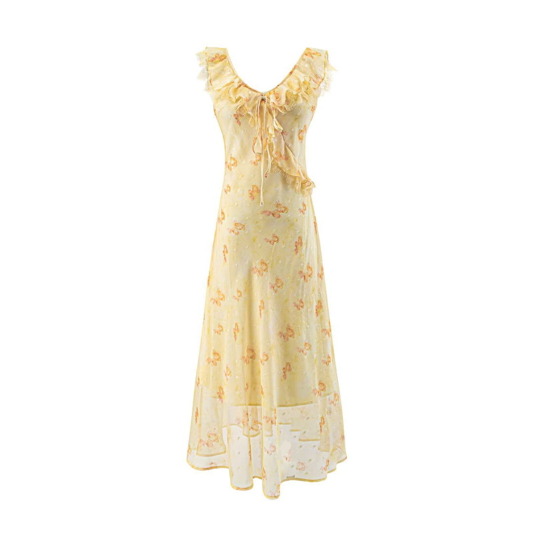 Damen Maxikleid mit verspieltem Rüschendesign und Blumenmuster Drune