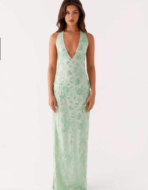 Damen Elegantes Langarmkleid mit floralem Spitzenüberzug und tiefem V-Ausschnitt Drune