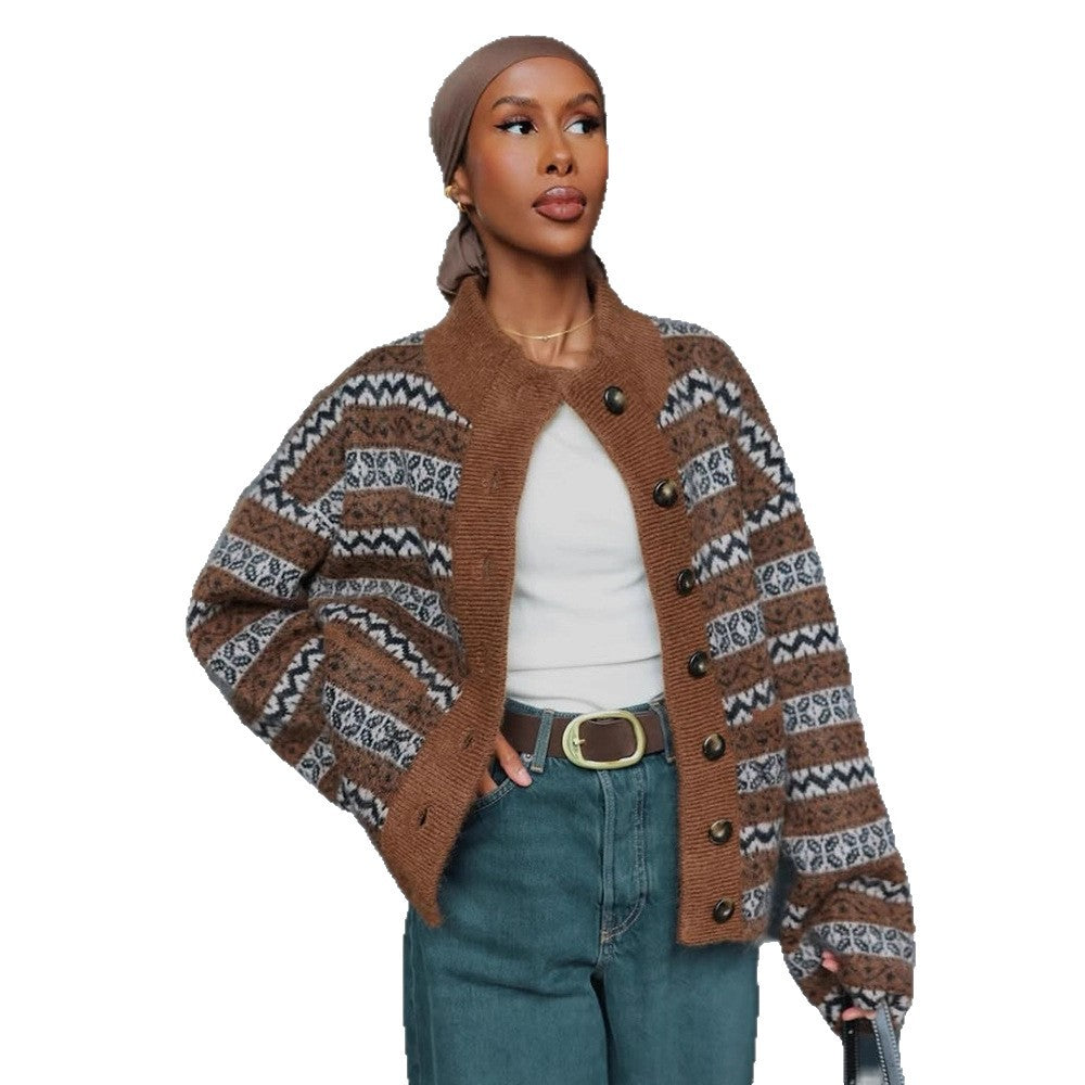 Damen Jacquard Strickjacke mit Knopfleiste und modischem Muster Drune