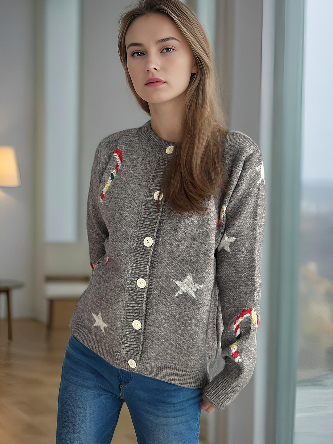 Damen Strickjacke mit festlichem Motiv und dekorativen Knöpfen Drune