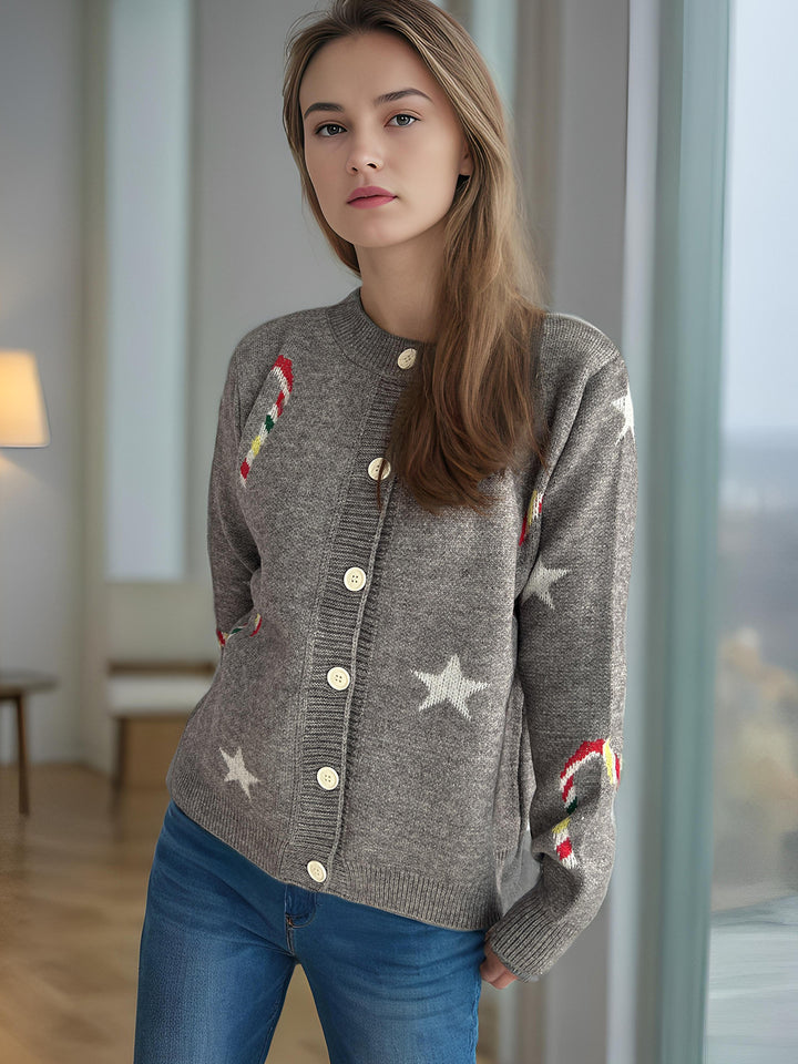 Damen Strickjacke mit festlichem Motiv und dekorativen Knöpfen Drune