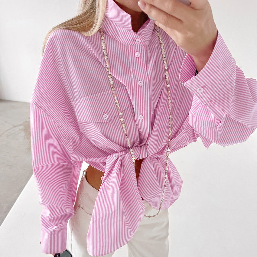Damen gestreifte Oversized-Hemdbluse mit Brusttasche und lässigem Schnitt Drune