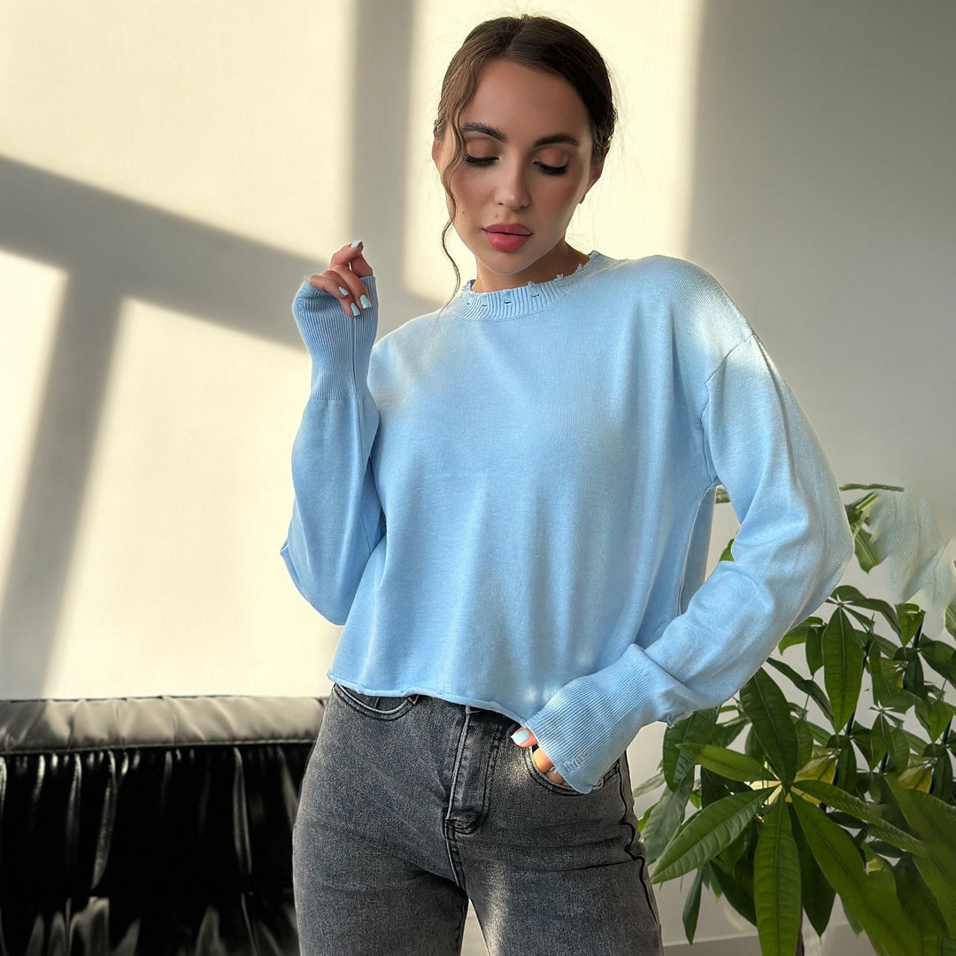 Damen lässiger Pullover mit modernem Rippkragen und trendy Rissdetails Drune