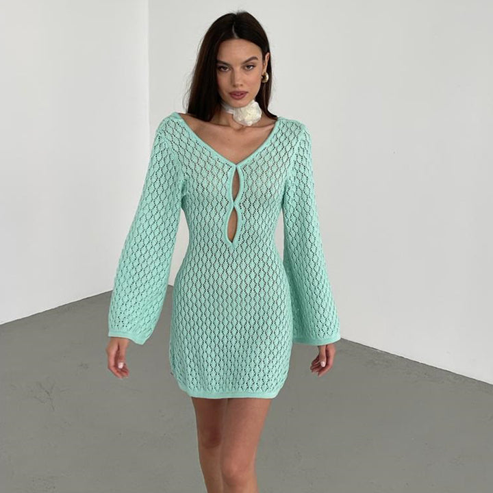 Damen elegantes Häkelkleid mit tiefem Ausschnitt Drune