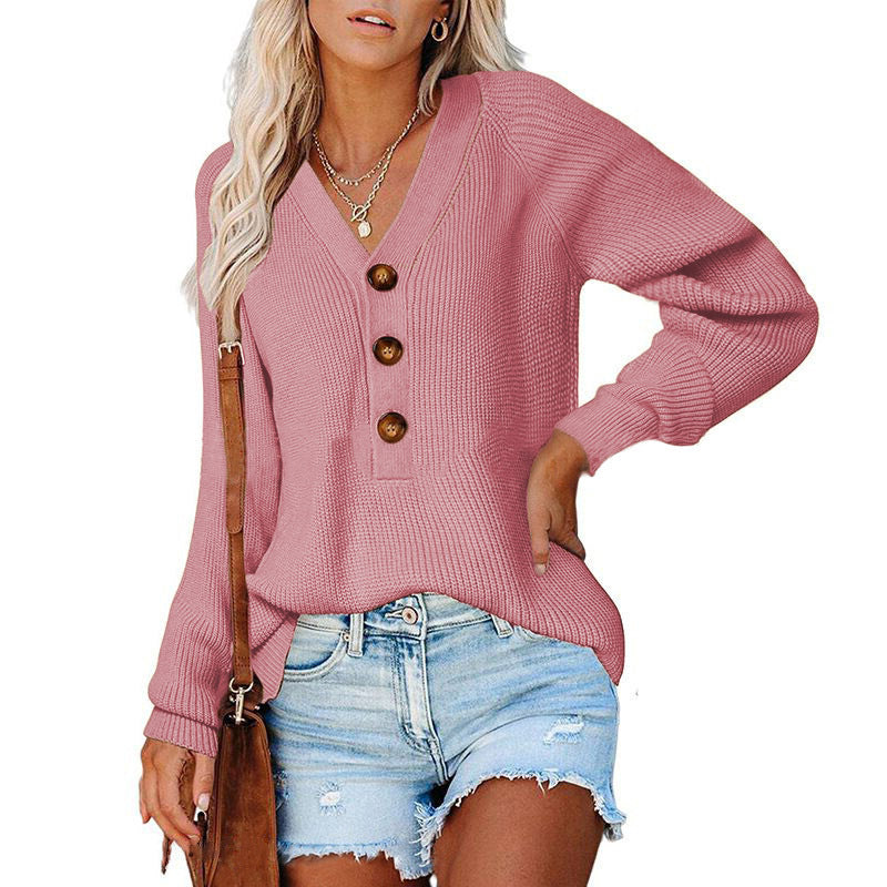Damen lässiger Strickpullover mit Knopfdetail und V-Ausschnitt Drune