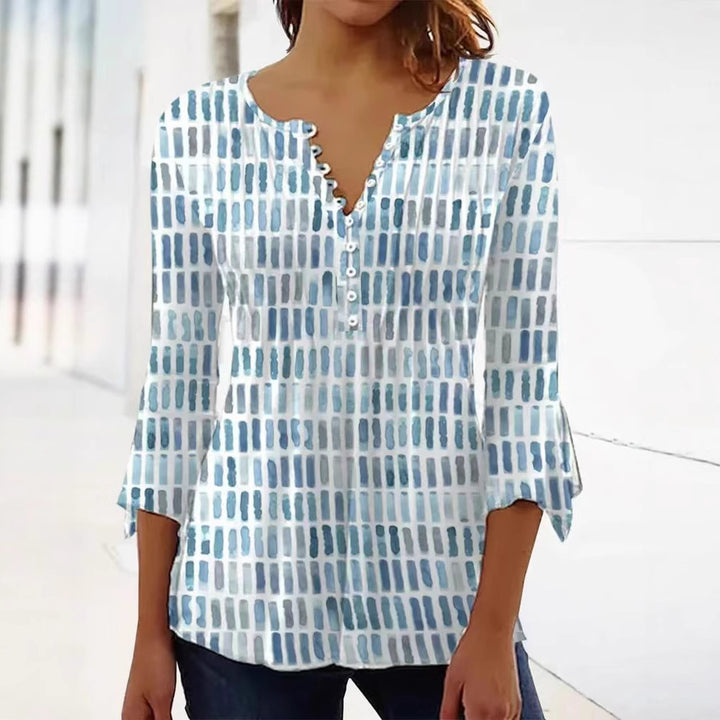 Damen Bluse im modernen Grafikdesign mit Knopfdetails Drune