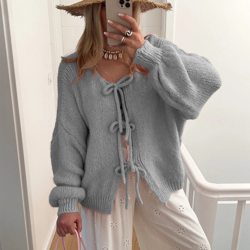 Damen Kuscheliger Strickcardigan mit dekorativen Bindebändern Drune