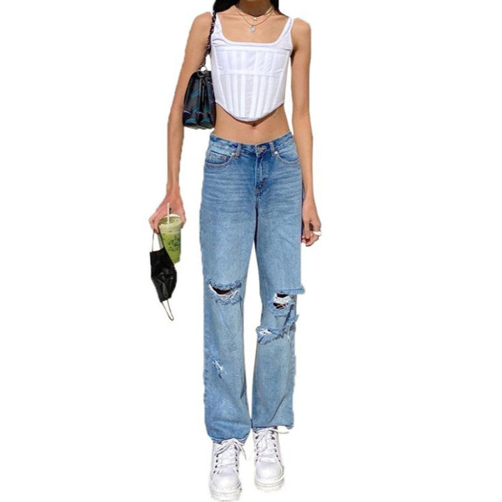 Damen lockere High-Waist Destroyed Jeans Drune