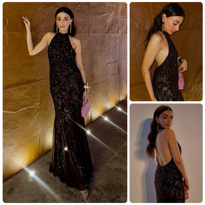 Damen Abendkleid mit schimmerndem Paillettenbesatz und stilvollem Halterdesign Drune
