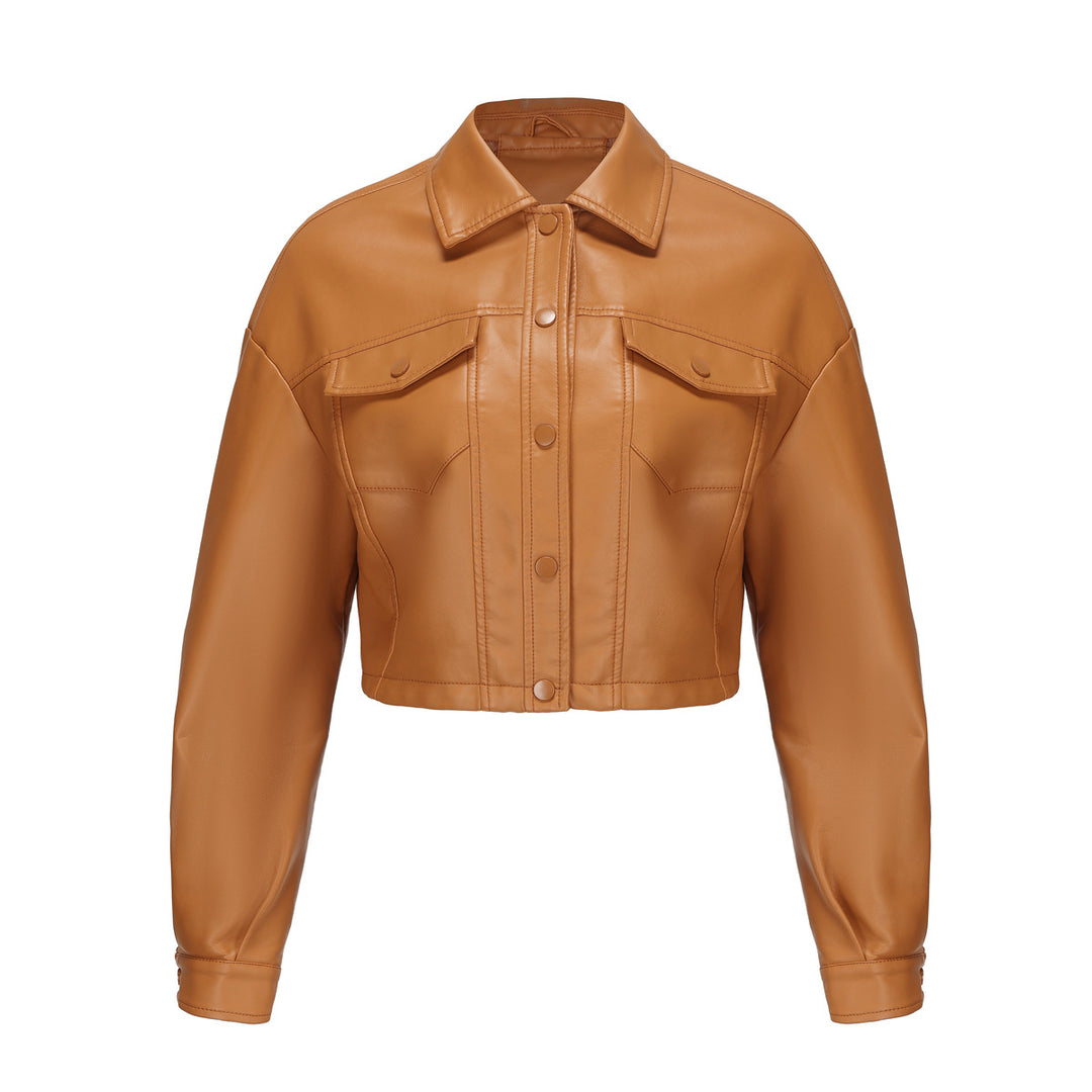 Damen nan kurze Lederjacke im Trucker-Stil mit kastiger Cropped-Passform Drune