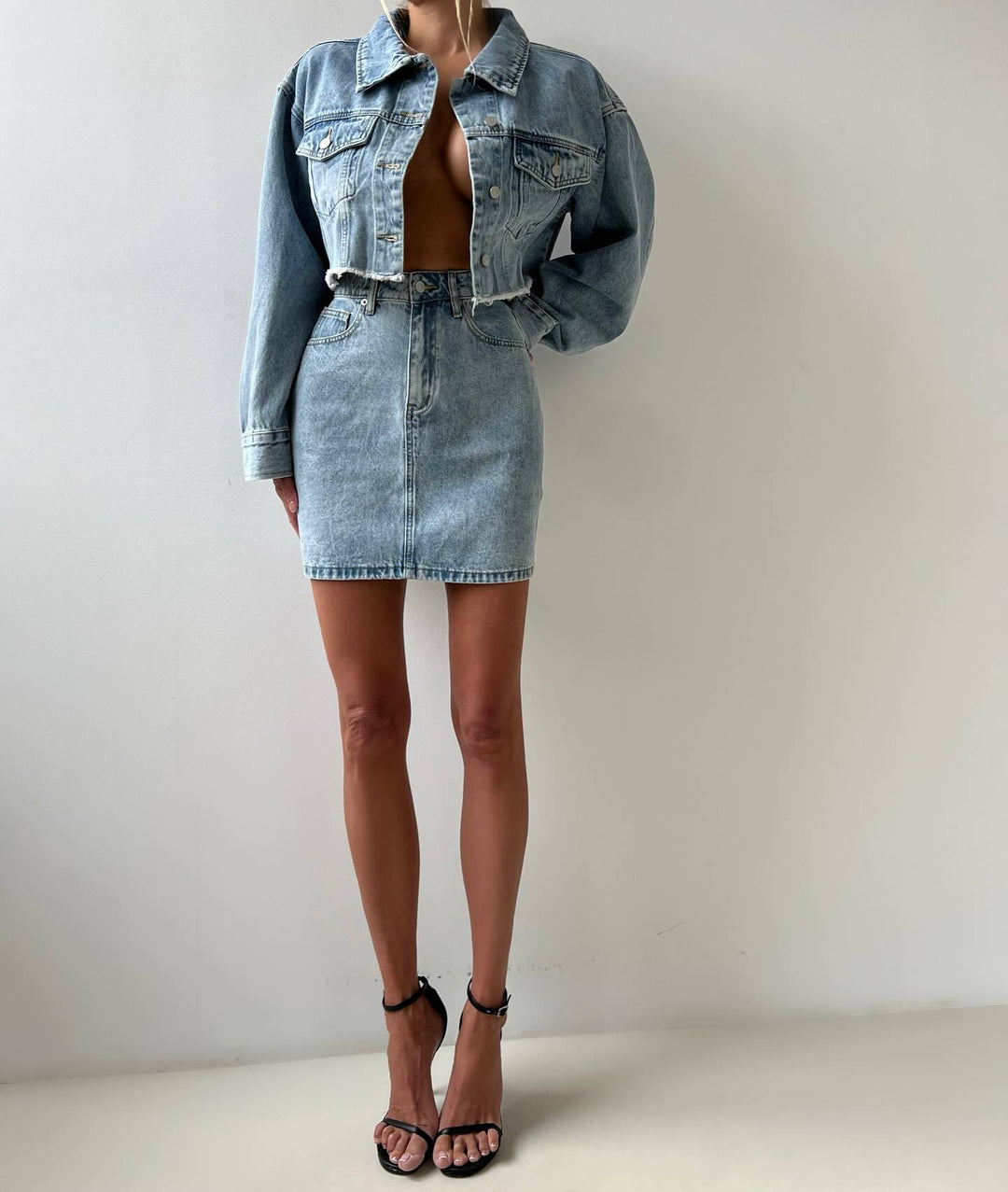 Damen Denim Jacke und Bleistiftrock Set Drune