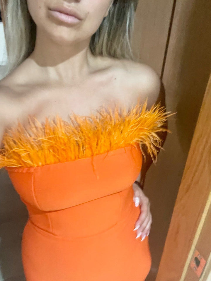 Damen Cocktailkleid mit extravagantem Federn-Ausschnitt und figurbetontem Schnitt Drune