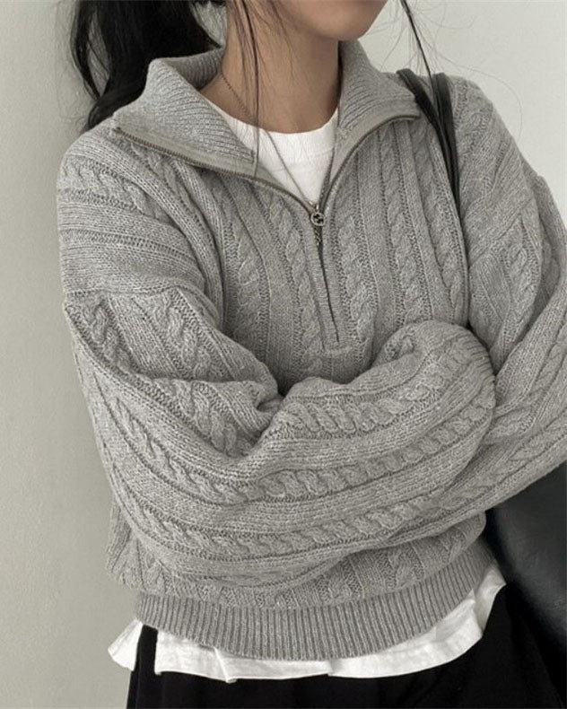 Drune Vintage Rollkragen Reißverschluss Twist Strickpullover