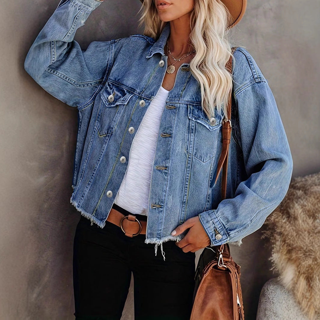 Damen Oversized Jeansjacke mit fransendem Saum und Vintage-Akzenten Drune