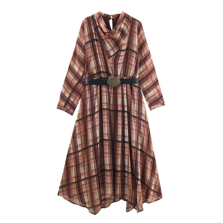 Damen Langarm Kleid im karierten Design mit asymmetrischem Saum und Bindegürtel Drune